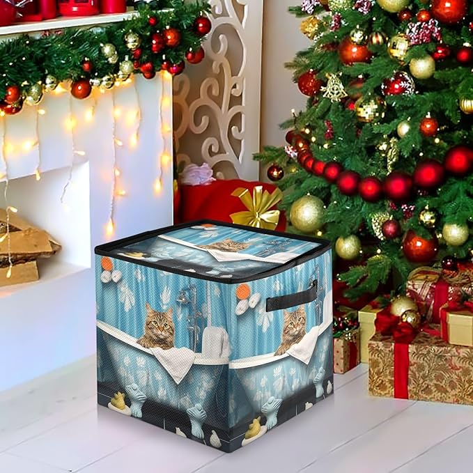 Kigai Bathroom Cat Christmas Ornament Storage Box with Zipper & Adjustable Dividers Holiday Ornament Organizer Xmas Storage Container, 64 Balls
