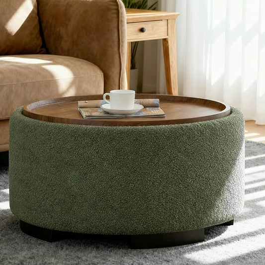 29.5 Inch Round Storage Ottoman Coffee Table,Modern Circle Coffee Table with Storage with Removable Lid Top and Solid Wood Legs,Large Round Ottoman for Bedroom,Living Room,Teddy Fleece,Green