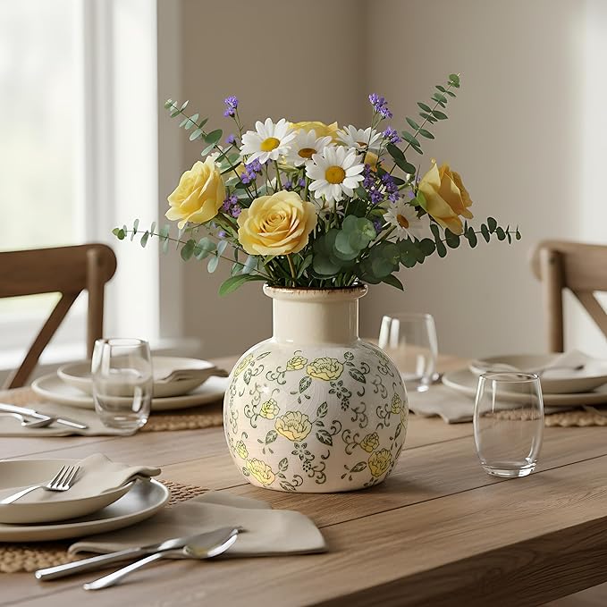 SIDUCAL Ceramic Vintage Vase, 5.91 Inch Retro Ice Cracked Chinoiserie Floral Vase, Rustic Farmhouse Vases for Home Decor, Bookshelf, Garden, Chinoiserie Decor, Tuscan Decor, Yellow Rose Pattern