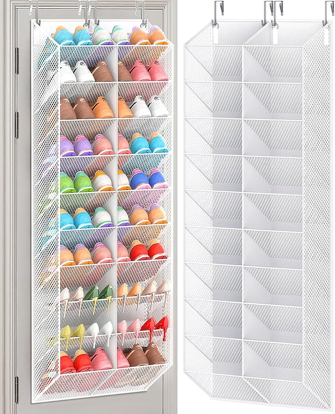 UVIAHOMI 30 Pairs Over the Door Shoe Organizer, Breathable Mesh Pocket Hanging Shoe Storage for Closet, 10-Tier Door Shoes Rack, Handing Shoes Holder Fit All the Family's Sneakers, Boots, Heels, White