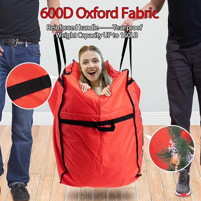 HikooLSS Christmas Tree Storage Bag 12 Ft Tall Tree Container/Holder Heavy Duty Oxford Dual Mesh Pockets,Moistureproof,Extra Large Christmas Tree Box for Big Xmas Tree Wide Opening Red(65X23X27in)
