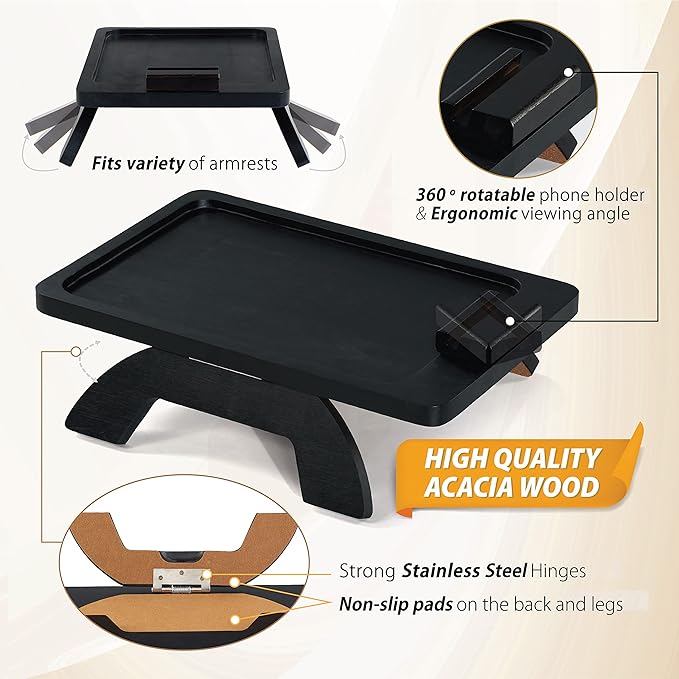 BLUEWEST Sofa Armrest Tray, Acacia Wood Couch Arm Clip on Tray Table with 360° Rotating Phone Holder –Fits Most Couch Arm Sizes–Non-Slip, Space-Saving Arm Table for TV Dinners, Remote, Drinks & Snacks