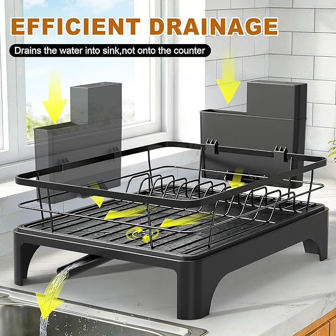 Dish Drying Rack for Kitchen Counter, Dish Rack, Dish Drainer for Kitchen with Built-in Drain, Stainless Steel Sink Organization and Storage Essentials with Cutlery Holder (17" x 13.4", Black)