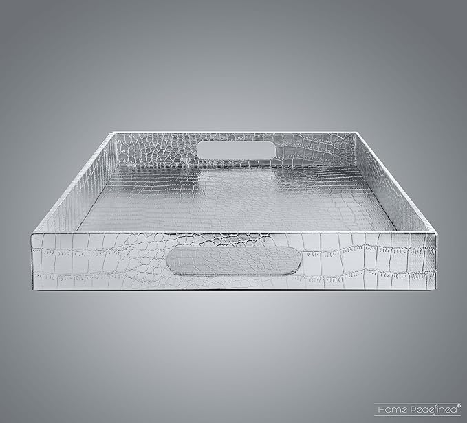 Home Redefined 17.5"x12" Silver Glossy Crocodile Faux Leather Serving Tray Beautiful Modern Elegant Decorative Tray with Handles Ottoman Coffee Table Ottoman Perfume Makeup Display for All Occasion's