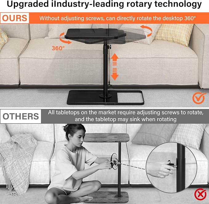 TV Tray Table for Couch - Adjustable Height & 360°Swivel Panel Design，Larger Metal and Wooden Base to Prevent Slipping，Sofa Armrest Tray Table for Eating Laptop Couch Bed Dinner or Small Space