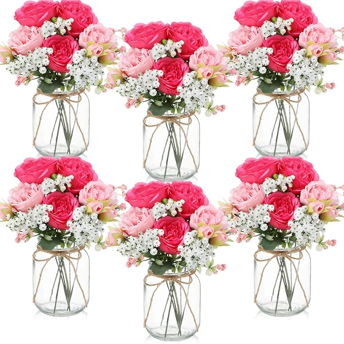 Zeyune Mason Jar Centerpiece Table Decorations, Artificial Peony Baby's Breath Flower Bouquets, Faux Flowers with Vase, Rustic Decor Gifts for Home, Wedding, Holiday(6 Sets,Pink Mix)