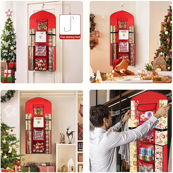 Woodoulogy Hanging Gift Wrapping Paper Storage, 40"X17" Red Double-Sided Christmas Wrapper Bag Container, Oxford Craft Roll Organizer, Present Wrap Holder for Bedroom Closet, Door, Cabinet