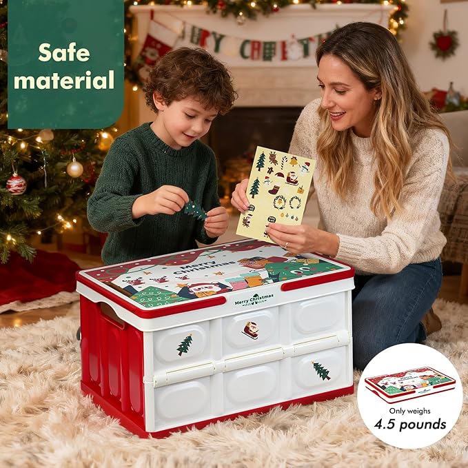 Storage Box 50L 2 Pack, Foldable Storage Box with Wood Lid & Handles, Includes Christmas Stickers for DIY, Multifunctional Wood Top for Holiday Decor, Gift & Christmas Home Organization