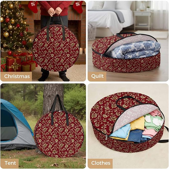 Yellow Roses Round Storage Bag 24 Inch, Christmas Xmas Red Background Clothes Storage Container with Handles Heavy Duty Organizer for Comforter, Bedding & Holiday Wreaths