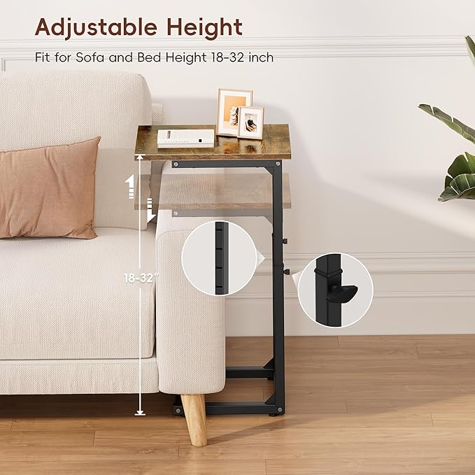 Vagusicc C-Shaped End Table for Sofa, 33"Tall Side Table for Couch, C Table End Table Adjustable Height Couch Side Table, Couch Table Slide Under Sofa Table TV Tray Table for Living Room,Bedroom,Brown