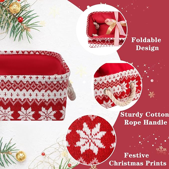 INough Red Christmas Gift Basket, Collapsible Empty Holiday Storage Bin with Handles, Fabric Storage Organizer for Kids, Baby Items, Presents and Festive Home Decorations