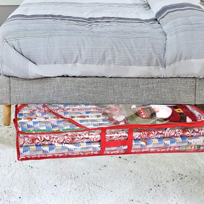 ProPik Wrapping Paper Storage Containers | Gift Wrap Organizer Under Bed | 41”x14”x6” | Box Holds 18-24 Rolls Up to 40” Long | Holder with Pockets for Ribbon, Bows and Accessories (2 Pack - Red)