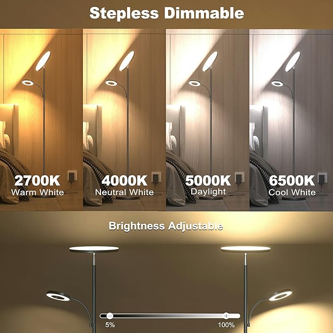 2025 Floor Lamp, 42W 4200LM Torchiere LED Lamp for Living Room, Stepless Dimming Floor Lamps with Remote Control, 2700K-6500K Color, 70" Tall Standing Lamp with Reading Light for Bedroom Office Hotel
