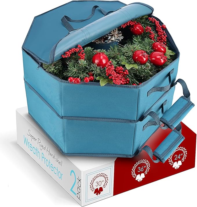 Hearth & Harbor Container-Hard Shell Christmas Bag with Interior Pockets, Dual Zipper and Handles-Premium Wreath Storage Organizer Box, 30", Blue