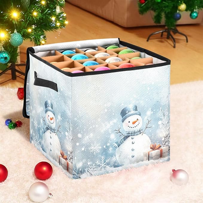 Snowman Jingle Bells Christmas Ornament Storage Basket Box Winter Snowflake Blue Silver Holiday Storage Container Cube with Adjustable Dividers for 64 Holiday Ornaments or Decorations