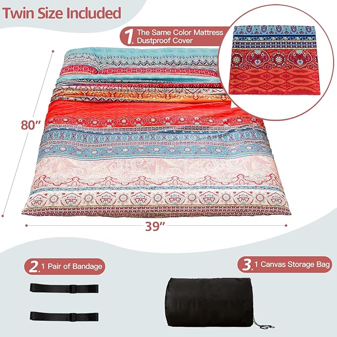 MAXYOYO Bohemian Retro Floor Mattress Vintage Floral Japanese Futon Mattress Roll Up Tatami Floor Mat Portable Camping Mattress Sleeping Pad Floor Lounger Couch Twin Size