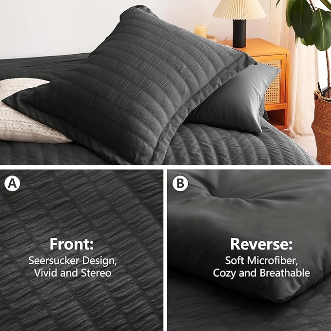 CozyLux Oversized Queen Comforter Set Dark Grey Seersucker 7 Pieces 98x98 Bed in a Bag Comforter Set with Sheets, Luxury Bedding Sets Down Alternative Comforter, Sheets, Pillowcases & Shams, Dark Gray