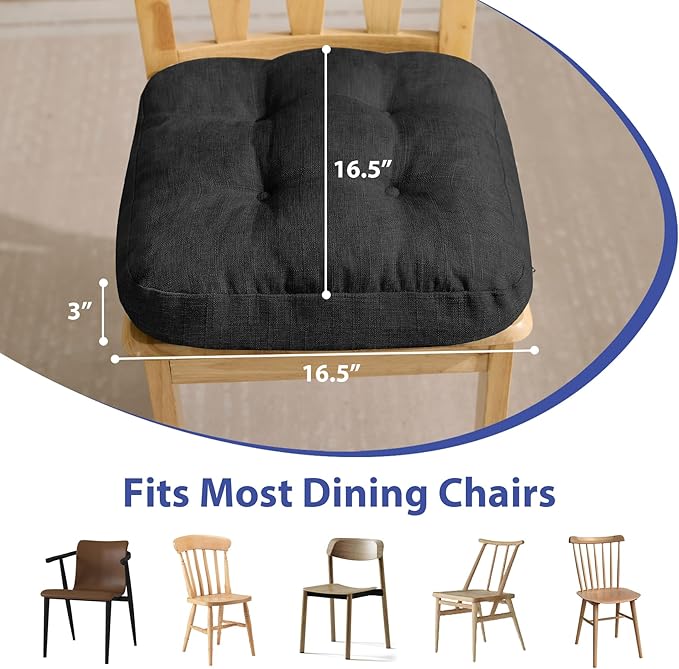 IASEAHK Chair Cushions for Dining Chairs, Dining Chair Cushions, Tufted Indoor Chair Pads with Ties & Non Slip Backing, Seat Cushions for Kitchen Chairs 16.5” x 16.5” x 3.5”, Set of 6, Black