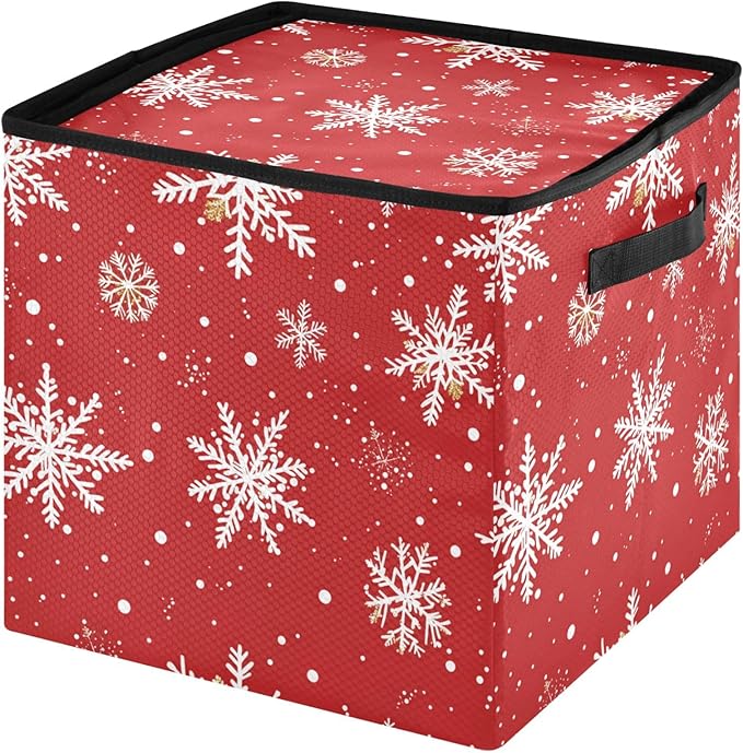 Red Snowflake Christmas Ornament Storage Basket Box Winter Snowman Holiday Storage Container Cube with Adjustable Dividers for 64 Holiday Ornaments or Decorations Keeps Clean and Dry for Next Season