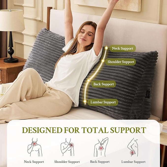 Headboard Pillow Full, Headboard Wedge Pillow, Back Rest Pillows for Sitting, Reading, Working, Triangle Pillow with Removable Cover, Daybed Pillows for Bed Dorm Sofa, Dark Grey