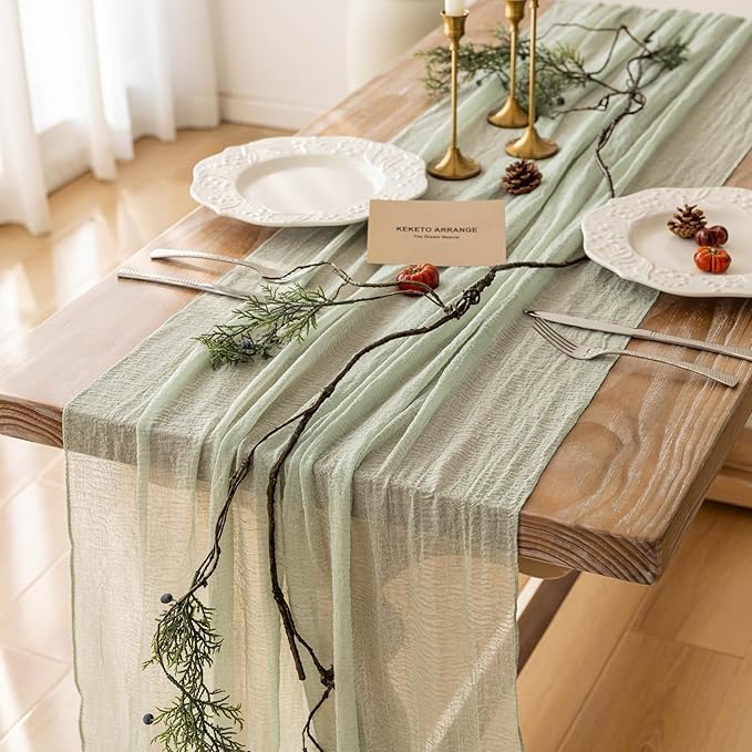 Keketoarrange 6pcs Sage Green Spring Easter Cheesecloth Table Runner 120 Inch 10 FT Rustic Boho Cheese Cloth Runner for Wedding Baby Shower Bridal Shower Sheer Gauze Centerpiece Home Decorations