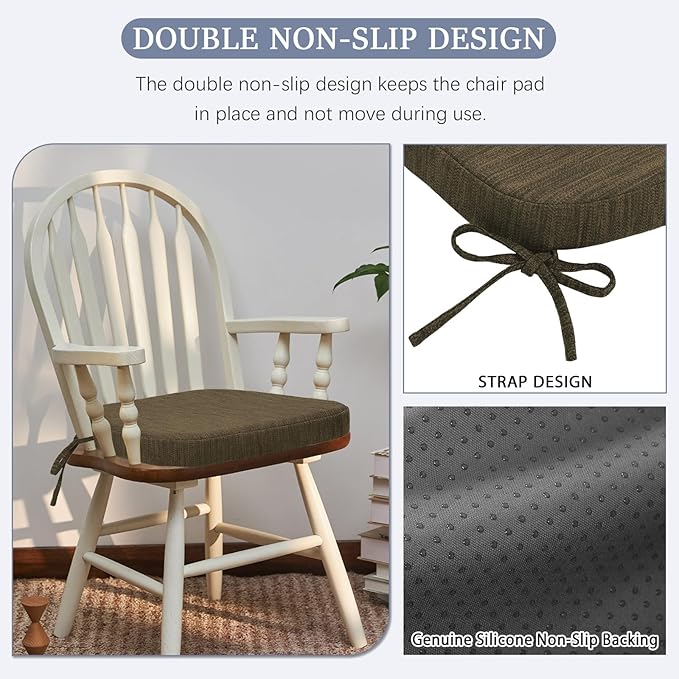 baibu Kitchen Chair Cushions, Dual-Layer Patented Design Molded Memory Foam Dining Chair Pads with Ties and Washable Cover, 17" x 16" x 2", Brown