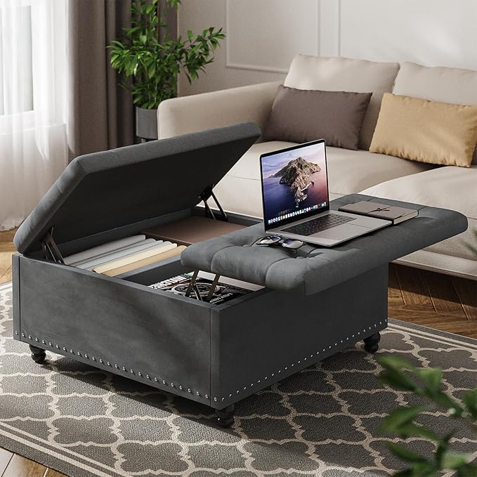 FUXA 35 Inch Large Square Ottoman with Storage, Oversized Ottoman Coffee Table with Lift Top and Wood Legs, Tufted Upholstered Storage Ottoman Bench for Living Room (Gray)