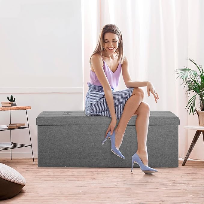 ZenStyle 43Inches Storage Ottoman Bench, Folding Footrest Padded Seat, Storage Chest Long Shoes Bench with Divider, Holds up to 660 lbs, for Living Room, Entryway, Bedroom, Light Gray