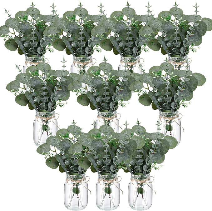 XunYee 10 Set Mason Jar Table Centerpiece with Flower Mason Jar Flower Centerpiece Vases Decor for Engagement Party Bridal Shower Centerpieces Wedding Reception Table Decor (Eucalyptus)
