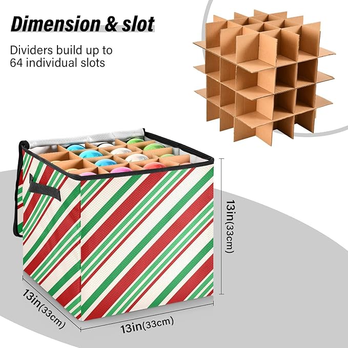 Candy Cane Christmas Ornament Storage Basket Box Green Red Stripe Winter Holiday Storage Container Cube with Adjustable Dividers for 64 Holiday Ornaments or Decorations Keeps Clean and Dry