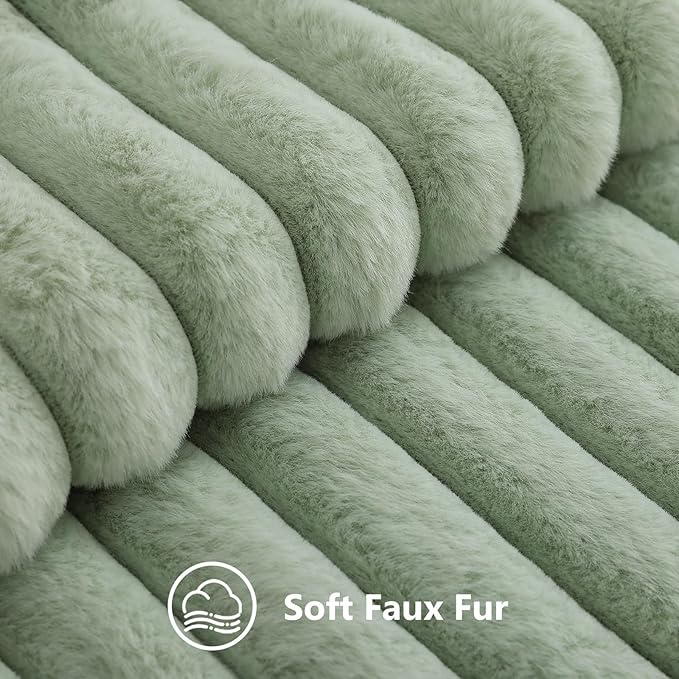 decorUhome Summer Cozy Faux Fur Throw Pillow Covers 24x24 Set of 2 Decorative Plush Striped Modern Farmhouse Boho Couch Euro Sham Pillow Cases with Velvet Back for Sofa Bed Living Room, Sage Green