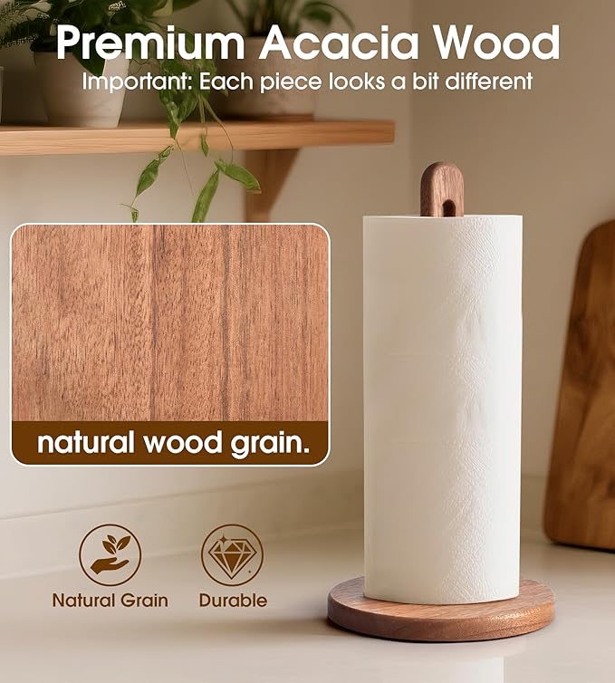 Acacia Wooden Paper Towel Holder Stand for Jumbo Roll - Stylish Kitchen Paper Rack Bathroom Towel Roll Stand Organizer, UA, Solid Wood Simply Standing Countertop Paper Roll Holder, Standard