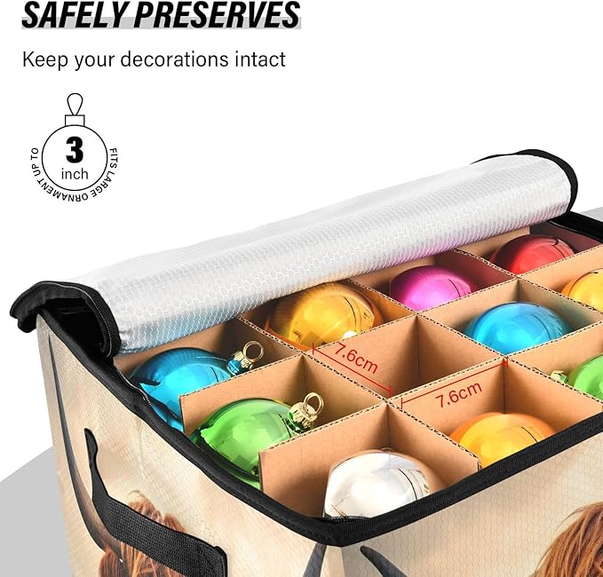 Kigai Highland Cow Christmas Ornament Storage Box with Zipper & Adjustable Dividers Holiday Ornament Organizer Xmas Storage Container, 64 Balls