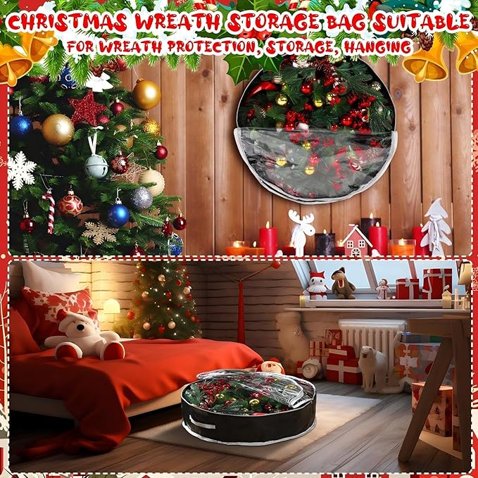 Aliceset 4 Pack Wreath Storage Containers, Ornament Garland Wreath Storage Bags with Handle Zipper Decorative Storages Box for Winter Valentine Wreaths(36 x 36 x 7.8 Inch,Black)