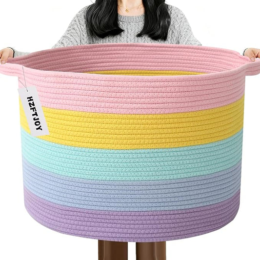 65L Extra Large Woven Cotton Rope Blanket Basket with Handles, Laundry Hamper Storage Bin for Pillows, Comforters,Clothes, Toys, Nursery, Bedroom and Living Room Organization,Colorful