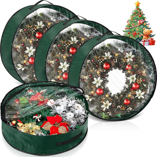 4 Pcs Christmas Wreath Storage Bag, Christmas Garland Storage Container with Clear Window, Zipper & Handle for Xmas Holiday Seasonal Wreath Garland Box(Green,24")