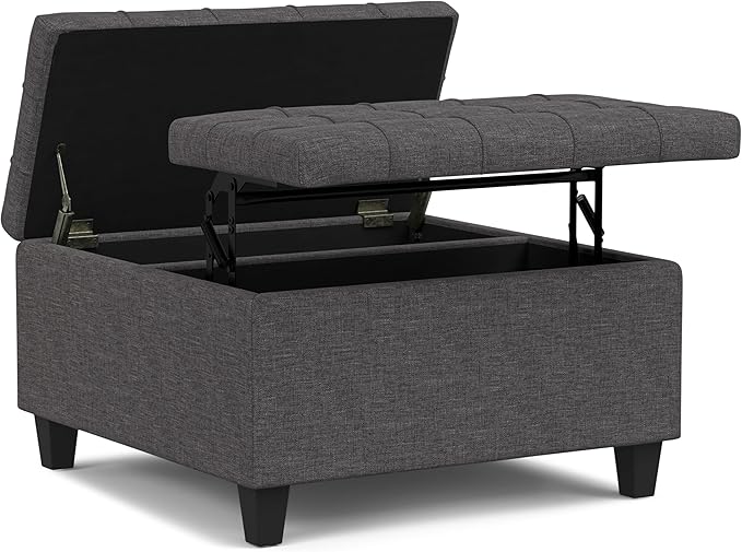 SIMPLIHOME Harrison Small Coffee Table Storage Ottoman - 30 inch Wide Upholstered Linen Look Fabric Square Lift-Top Ottoman in Slate Grey, Transitional Ottoman for Living Room with Hidden Storage