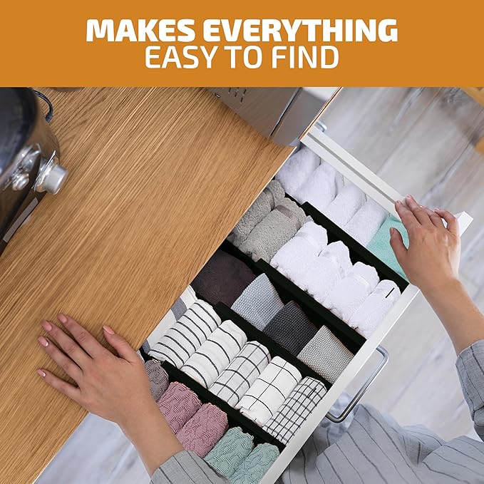4-Pack Black Drawer Dividers - Fits Drawers 12.2 to 17.3 Inches Deep, 2.6 Inch High, 0.6 Inch Thick, Adjustable Bamboo Drawer Organizers Separators for Dresser Clothes, Kitchen, Bathroom, Home, Office