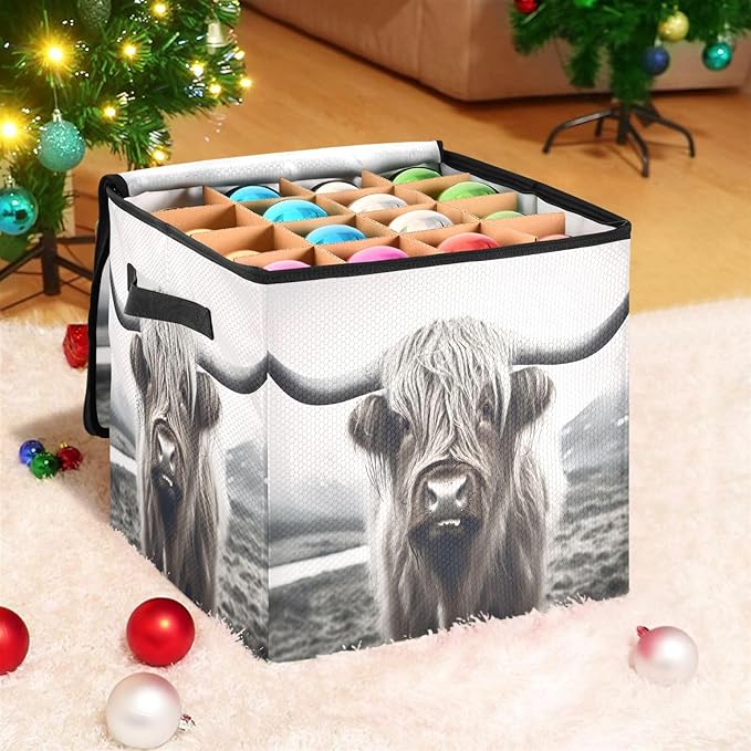 Kigai Highland Cow Christmas Ornament Storage Box with Zipper & Adjustable Dividers Holiday Ornament Organizer Xmas Storage Container, 64 Balls