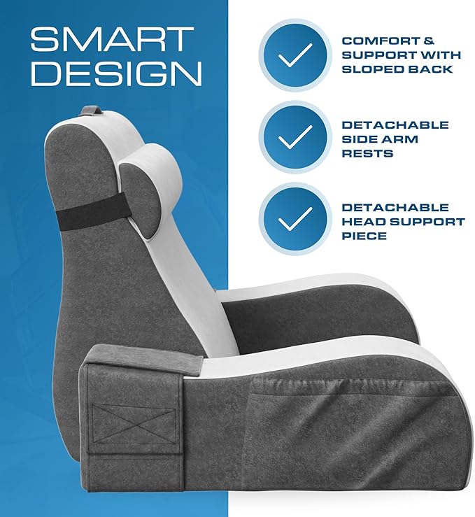 Kolbs Wedge Reading Pillow for Bed, Cushion with Arms for TV, Books, Nursing, Back - Bed Pillow for Sitting Up in Comfort, Plush Backrest. Bed Chair, Sit Up in Comfort (19" Gray/White)