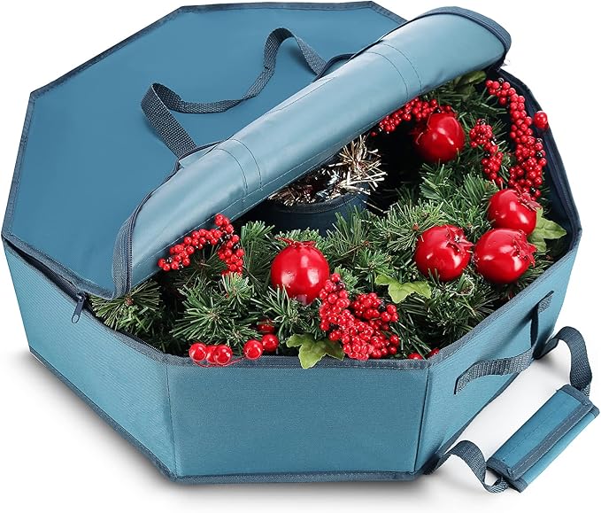 Wreath Storage Container - Hard Shell Christmas Wreath Storage Bag with Interior Pockets, Dual Zipper and Handles - 24" Premium Wreath Storage Organizer Box by Hearth & Harbor