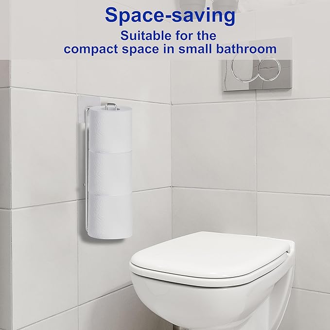 Bathroom Toilet Paper Holder with Storage Extra 3 Rolls, Over The Tank Toilet Paper Holder Wall Mount, Small Restroom Organizer, Adhesive RV Tissue Storage, Stainless Steel, Silver, 1PC