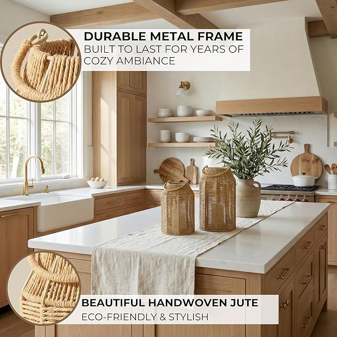 Natural Jute Boho Lanterns - Handcrafted Coffee Table Decor to Enhance Your Home - Modern Decorative Farmhouse Beauty for Living Room, Patio & Front Porch, Indoor and Outdoor or Kitchen Dining Table