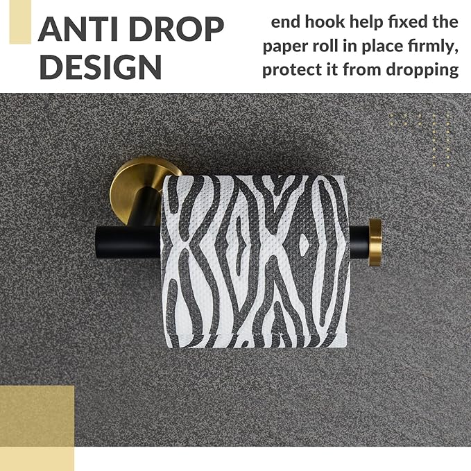 Toilet Paper Holder, APLusee Stainless Steel Half Open Round Tissue Roll Hanger, Bathroom Kitchen Wall Storage (Black & Gold)
