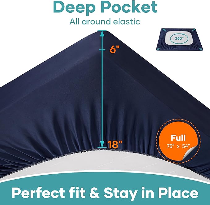 OhGeni 100% Waterproof Mattress Protector, Full Navy Blue Size, Fitted Sheet with Deep Pockets, 6''-18'', Premium Noiseless Breathable Soft Material, Mattresses Cover for Bed