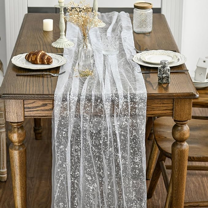 Artoid Mode 6Pcs White Silver Gauze Table Runner 120 Inch 10FT, Glitter Metallic Foil Sheer Dining Wedding Anniversary Holiday Birthday Table Decor for Home Party