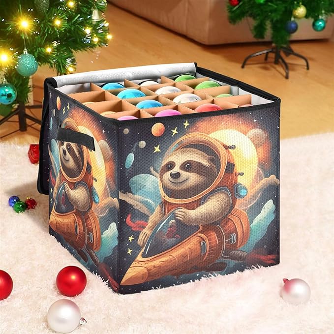 Kigai Sloth Christmas Ornament Storage Box with Zipper & Adjustable Dividers Holiday Ornament Organizer Xmas Storage Container, 64 Balls