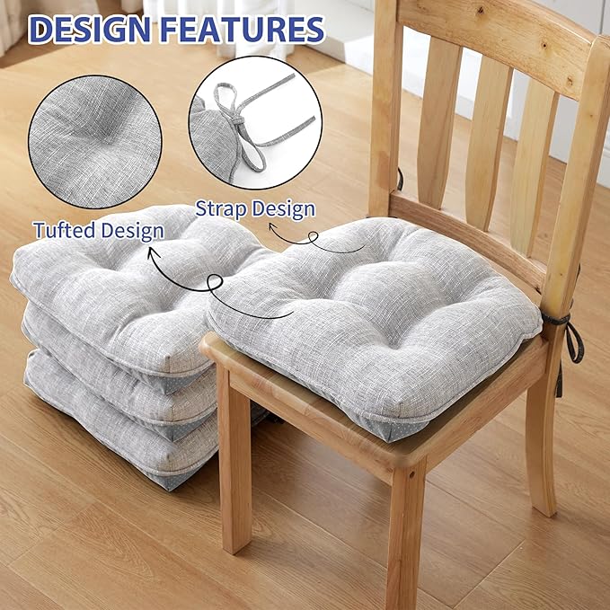 IPYNBAP Chair Cushions for Dining Chairs Set of 4, Kitchen Chair Cushions, Chair Pads with Ties and Non Slip Backing, Tufted Memory Foam Seat Cushion 4 Pack, 15.5" x 15.5" x 4", Light Gray