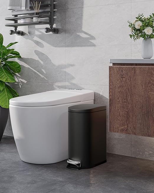 Garvee 1.6 gal / 6L Metal Bathroom Trash Can with Lid, Slim Waterproof Garbage Can for Bedroom, Small Step-on Trash Bin with Inner Bucket, Rear Handle, Soft Close Lid, Black