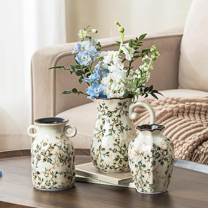 for Mom from Daughter or Son, Ceramic Vase Set of 3, Green Chinoiserie Floral Pitcher Vases, Vintage Farmhouse Decor for Mantel, Fireplace, Kitchen Counter, Living Room, Bookshelf